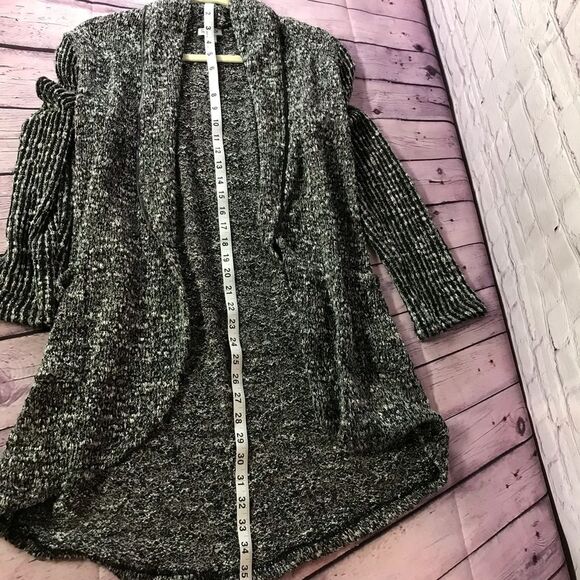 Splendid Open Knit Black White Texture Cardigan Faux Leather Trim Shawl Collar S - Picture 9 of 13